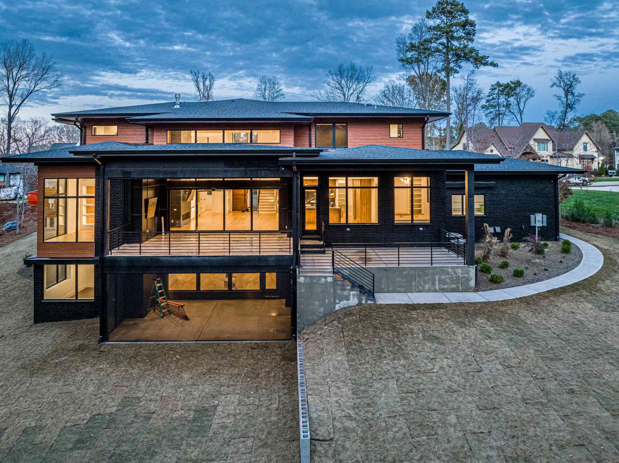 Aerial back view of estate with private terrace by Shail Construction in Wake Forest NC