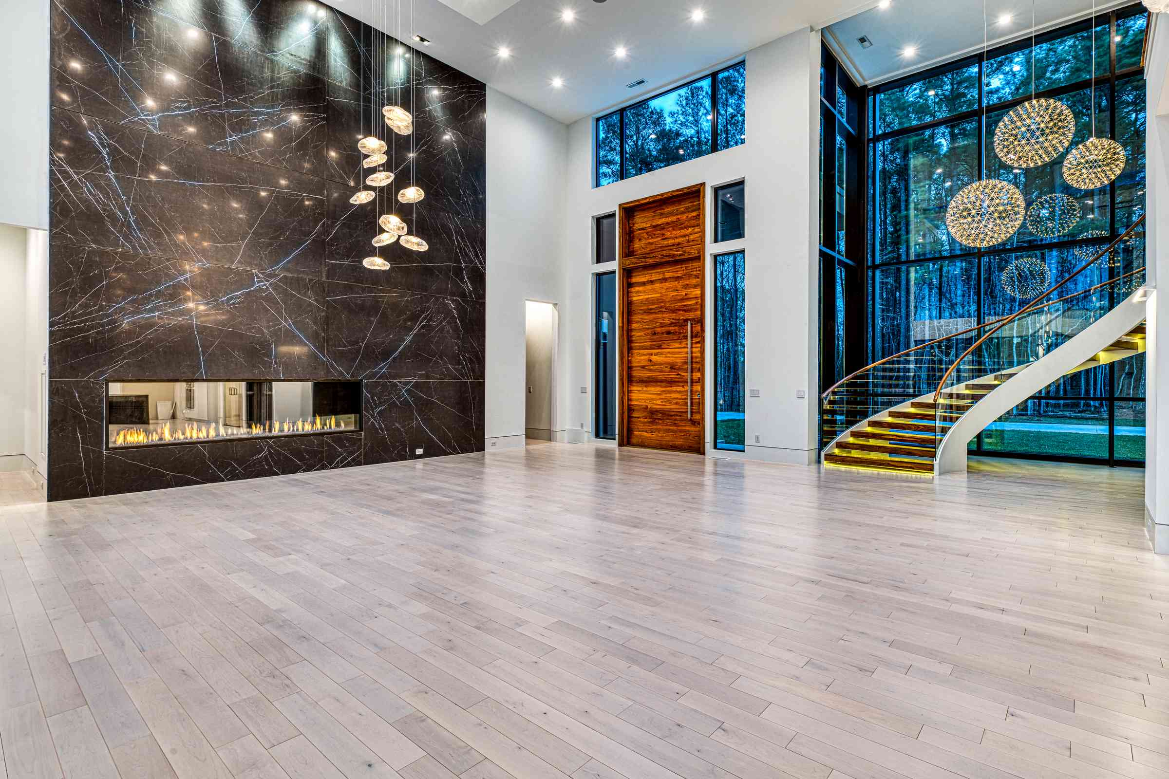 Coffered great room ceiling at evening by Shail Construction in Raleigh NC