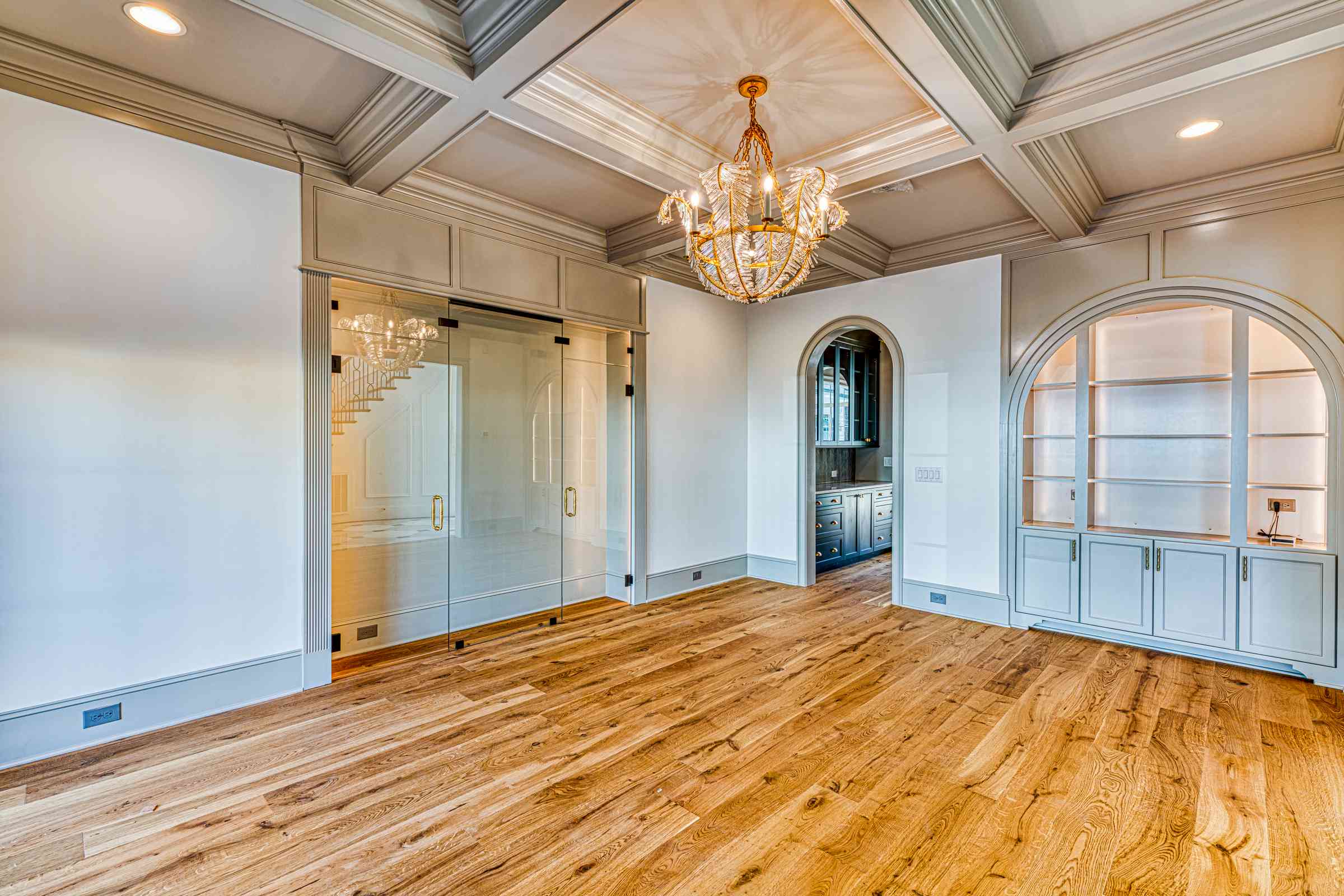 Dining room with coffered ceiling by Shail Construction in Raleigh NC